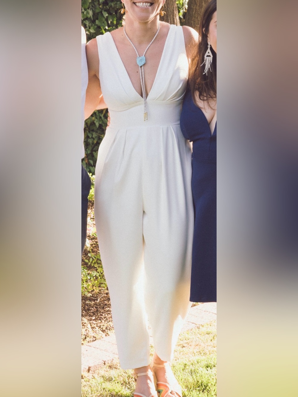 Jenny Yoo Cream Wide-Leg V-Neck Jumpsuit
